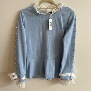Long sleeve Top with pearls. Blue, new with tags. XL.